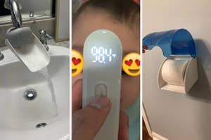 Three different images displaying bathroom fixtures and accessories: a running faucet, a digital thermometer, and a blue whale-shaped faucet cover