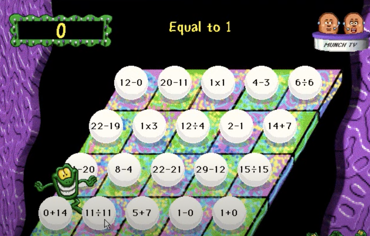 Math game screen with various equations listed on white orbs and a green animated character on the left