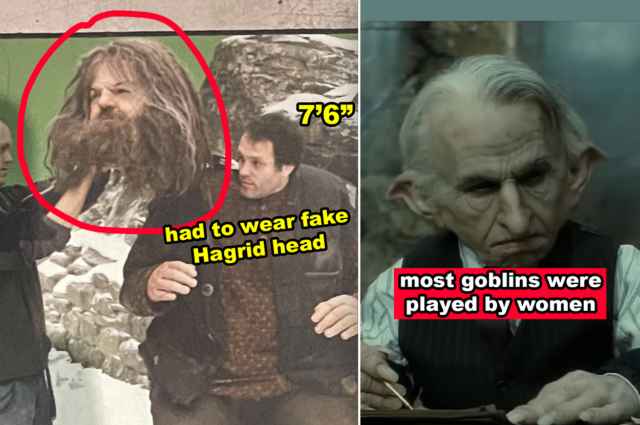 Behind-the-scenes photo with actor Robbie Coltrane as Hagrid next to a crew member, and a goblin from the Harry Potter series