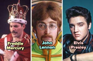Tres montajes de artistas icónicos: Freddie Mercury con corona, John Lennon con gafas redondas, Elvis Presley en pose clásica