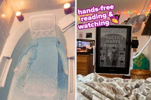 Shark fin bath bomb in tub; Kindle on stand with "Practice Makes Perfect" by Sarah Adams on screen for hands-free reading