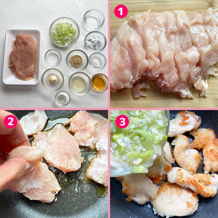 調理前の鶏胸肉と調理後の様子が4枚の画像に分かれています。