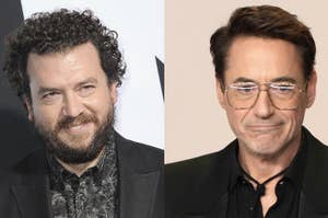 Danny McBride and Robert Downey Jr. side by side, both in formal attire. McBride smiles, Downey has a serious expression