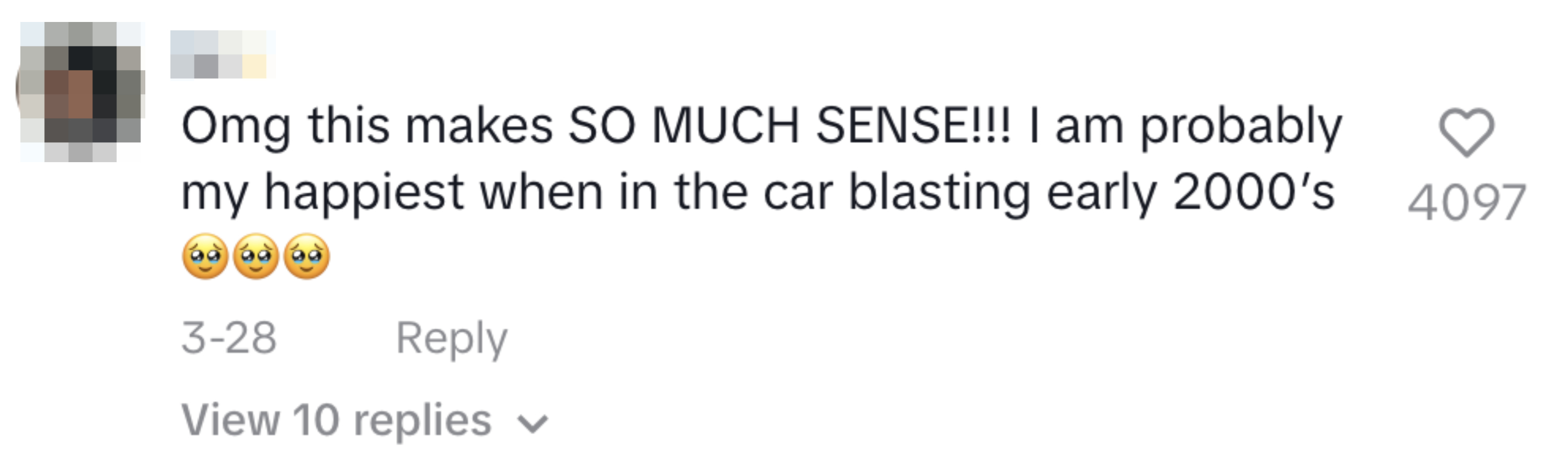 The image shows a social media comment by a user, expressing joy about listening to early 2000s music in the car
