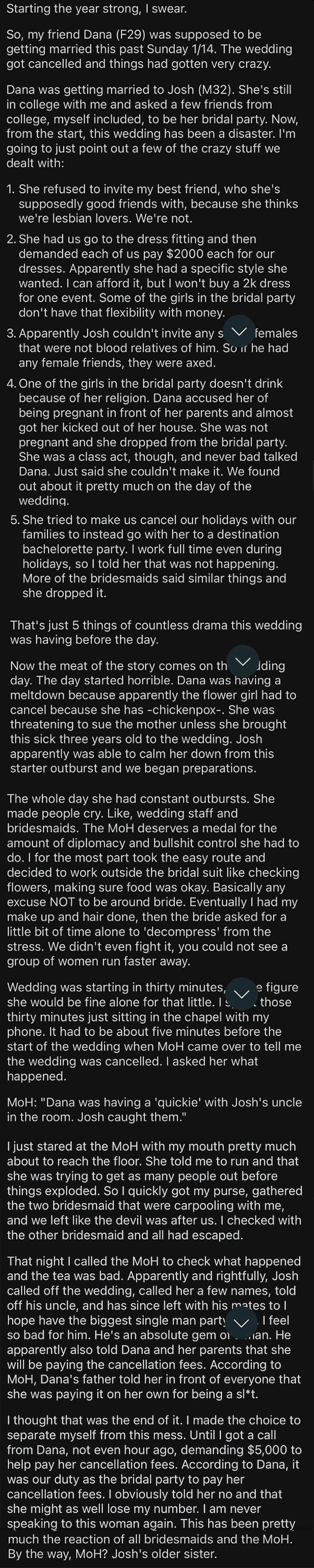 Image contains lengthy text recounting a dramatic story set at a wedding