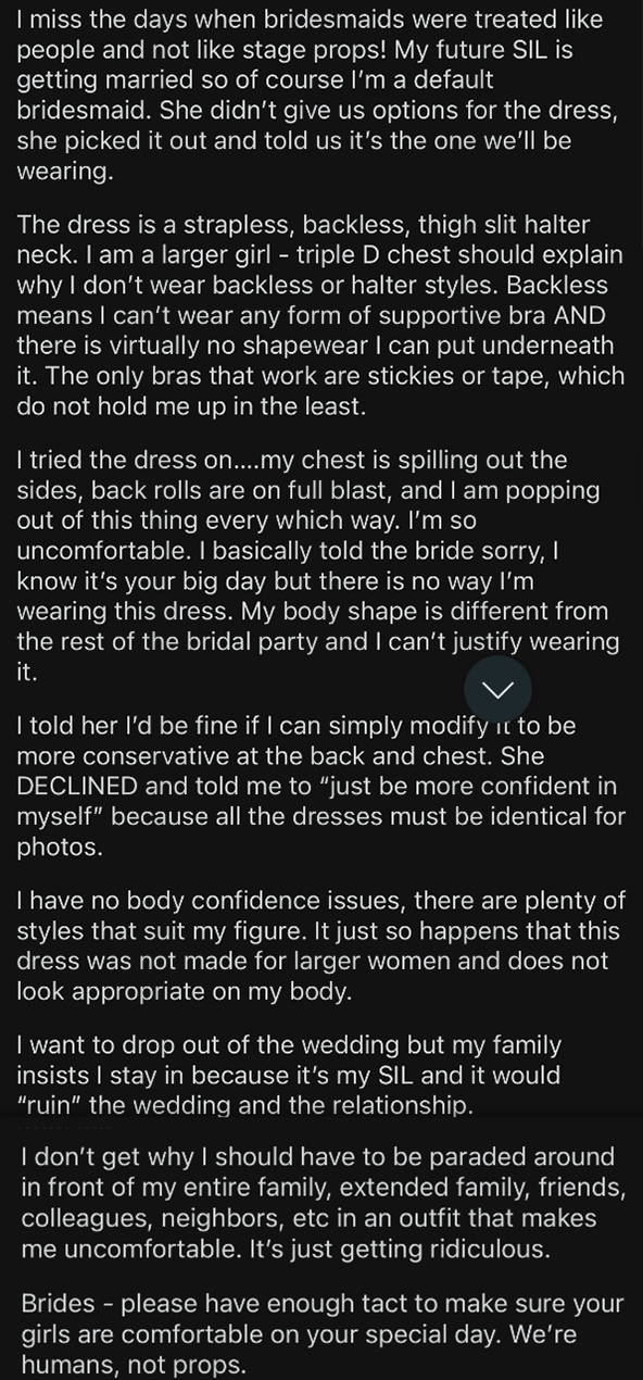 Image contains text expressing frustration about a bridesmaid dress that&#x27;s backless, strapless, and not supportive, along with a call for brides to be more considerate