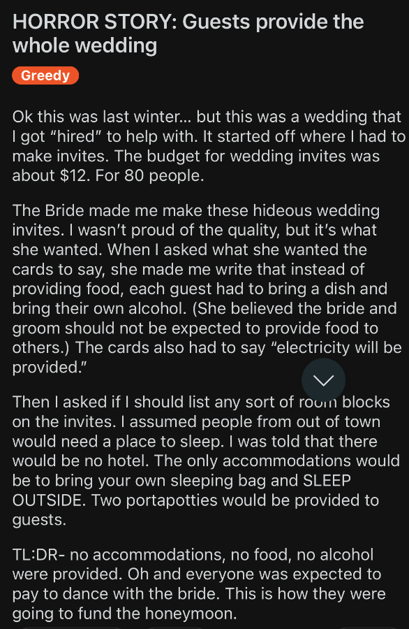 Text summary: An individual shares their experience of being invited to a wedding with no amenities provided, requiring guests to pay for numerous expenses themselves