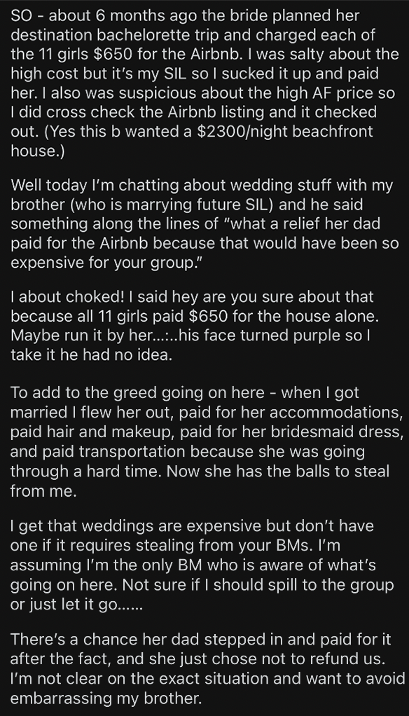 Screenshot of a post about being scammed by a bride