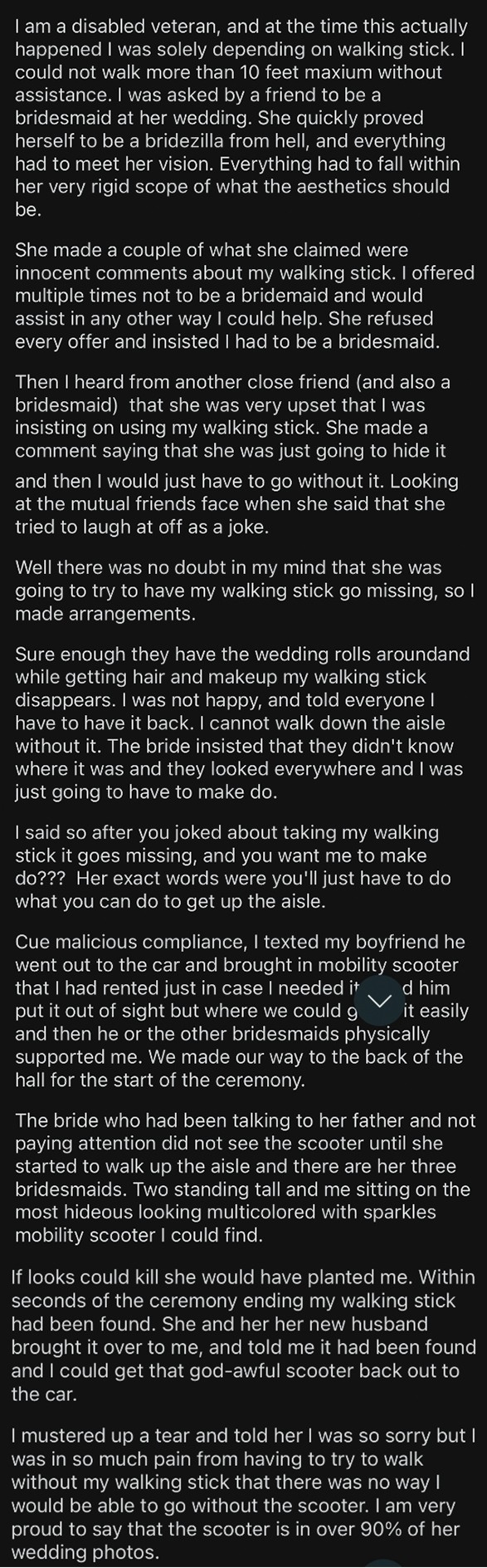 The image is a screenshot of text sharing a personal story. It talks about an individual&#x27;s experiences as a disabled veteran at a wedding