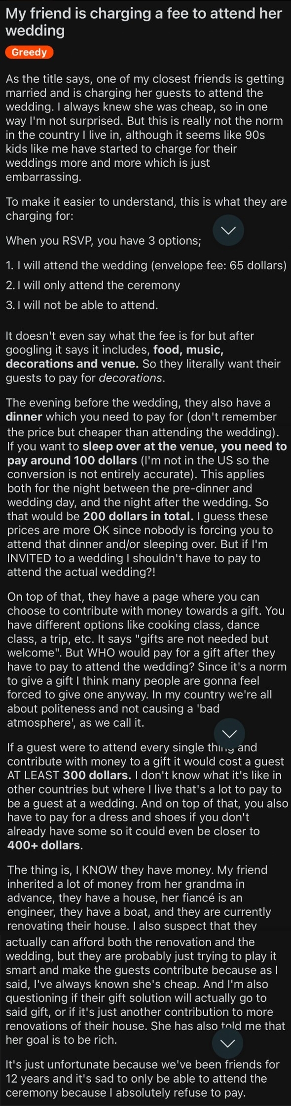 Summarized text: A wedding invitation includes a cover charge for guests, with three payment options for attendance, and the writer expresses frustration over the fee