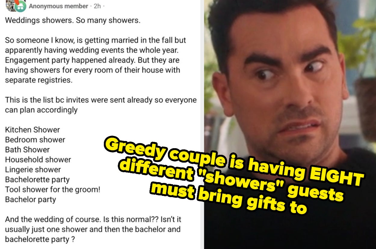 cringing reaction and post about a Greedy couple that's having EIGHT different "showers" guests must bring gifts to