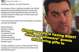 cringing reaction and post about a Greedy couple that's having EIGHT different "showers" guests must bring gifts to