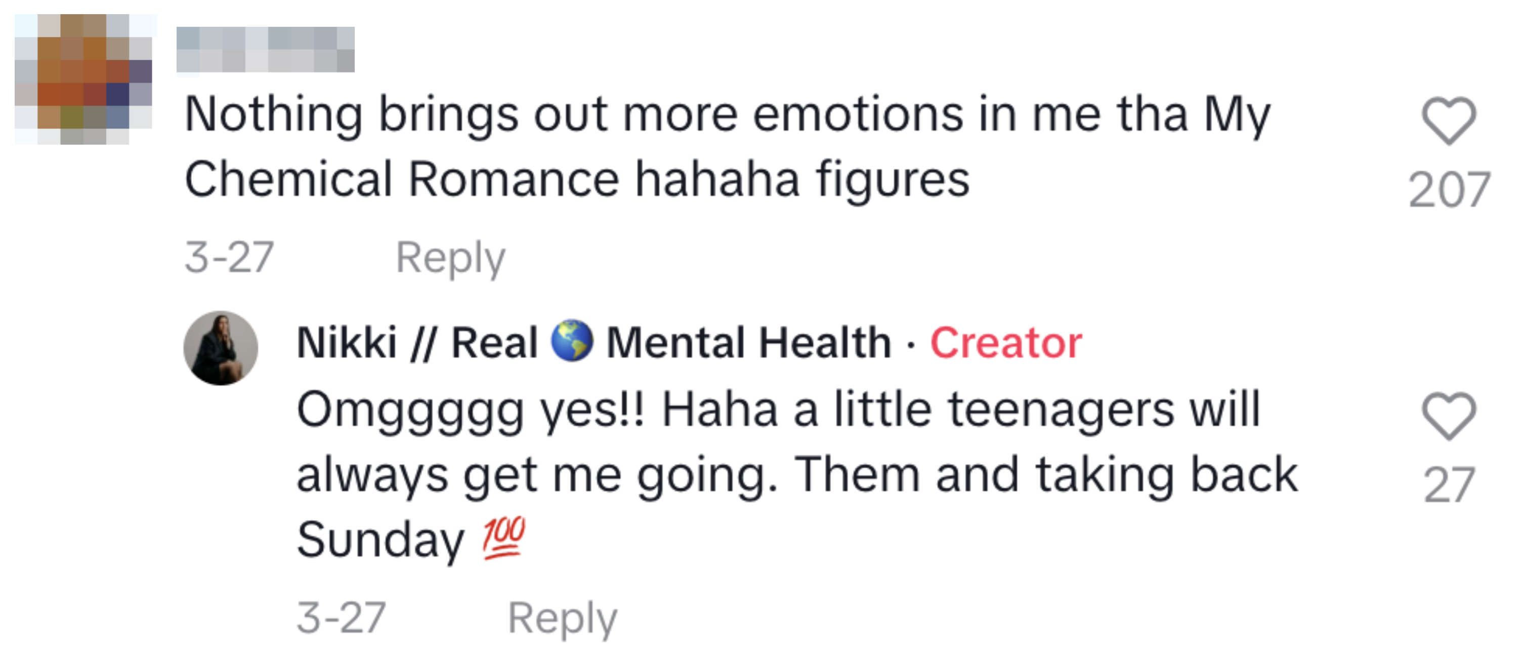 Comment exchange on a post discussing emotional responses, one mentioning nostalgia with teenagers and music