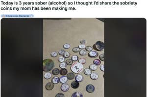 Assortment of sobriety coins celebrating 3 years of alcohol sobriety, displayed for a personal achievement