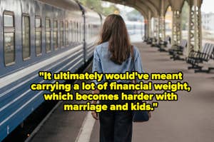 Woman standing on a platform by a train, with a quote about financial challenges related to marriage and kids