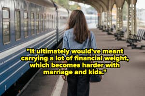 Woman standing on a platform by a train, with a quote about financial challenges related to marriage and kids