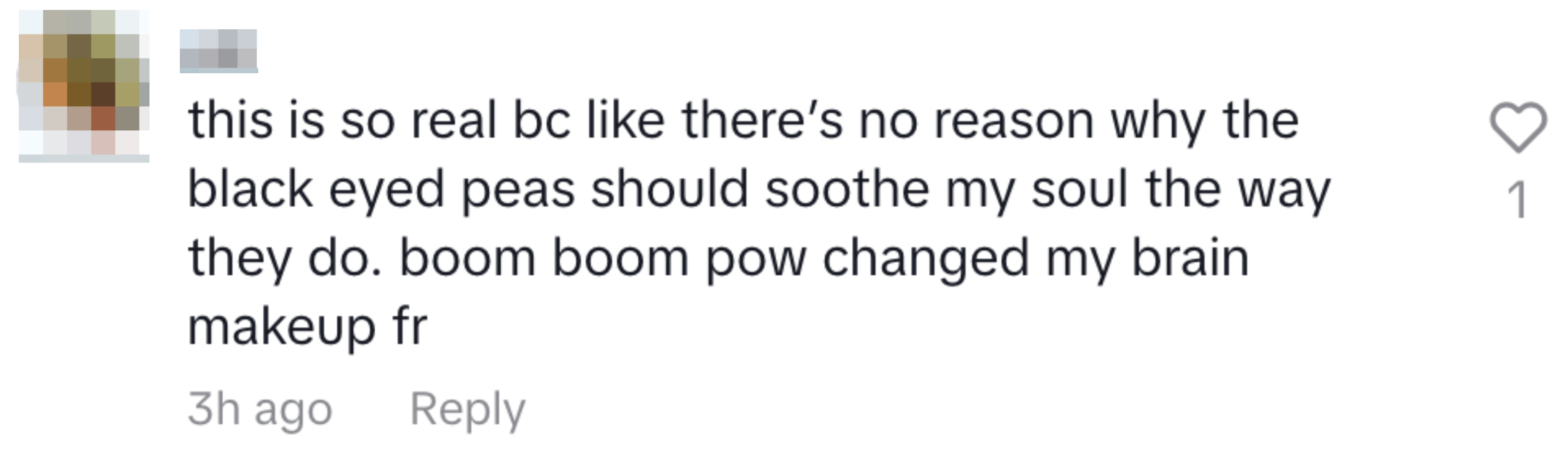 Commenter expresses how Black Eyed Peas&#x27; song &quot;Boom Boom Pow&quot; deeply resonates with them