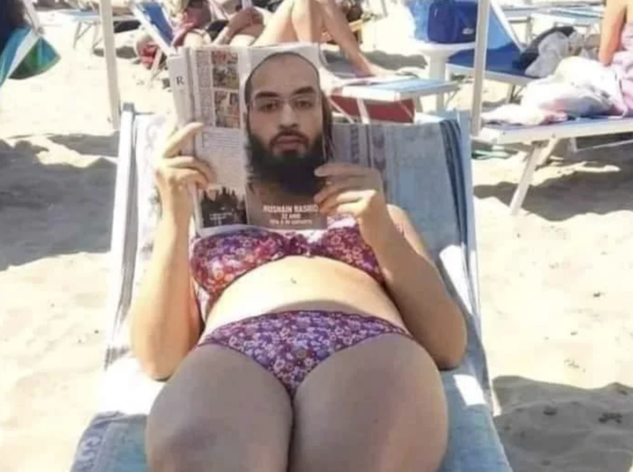 Person lounging on a beach chair, holding a book with a photoshopped head of a bearded man over theirs for comedic effect