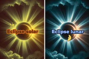 Imagen dividida mostrando un eclipse solar y uno lunar con textos correspondientes