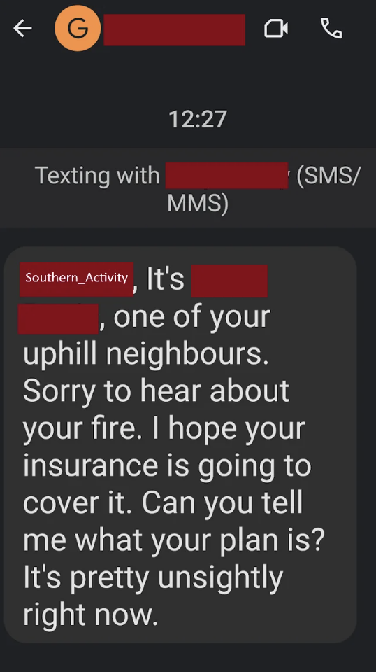 Screenshot of a text conversation with a neighbor expressing concern over an issue and asking about an insurance plan