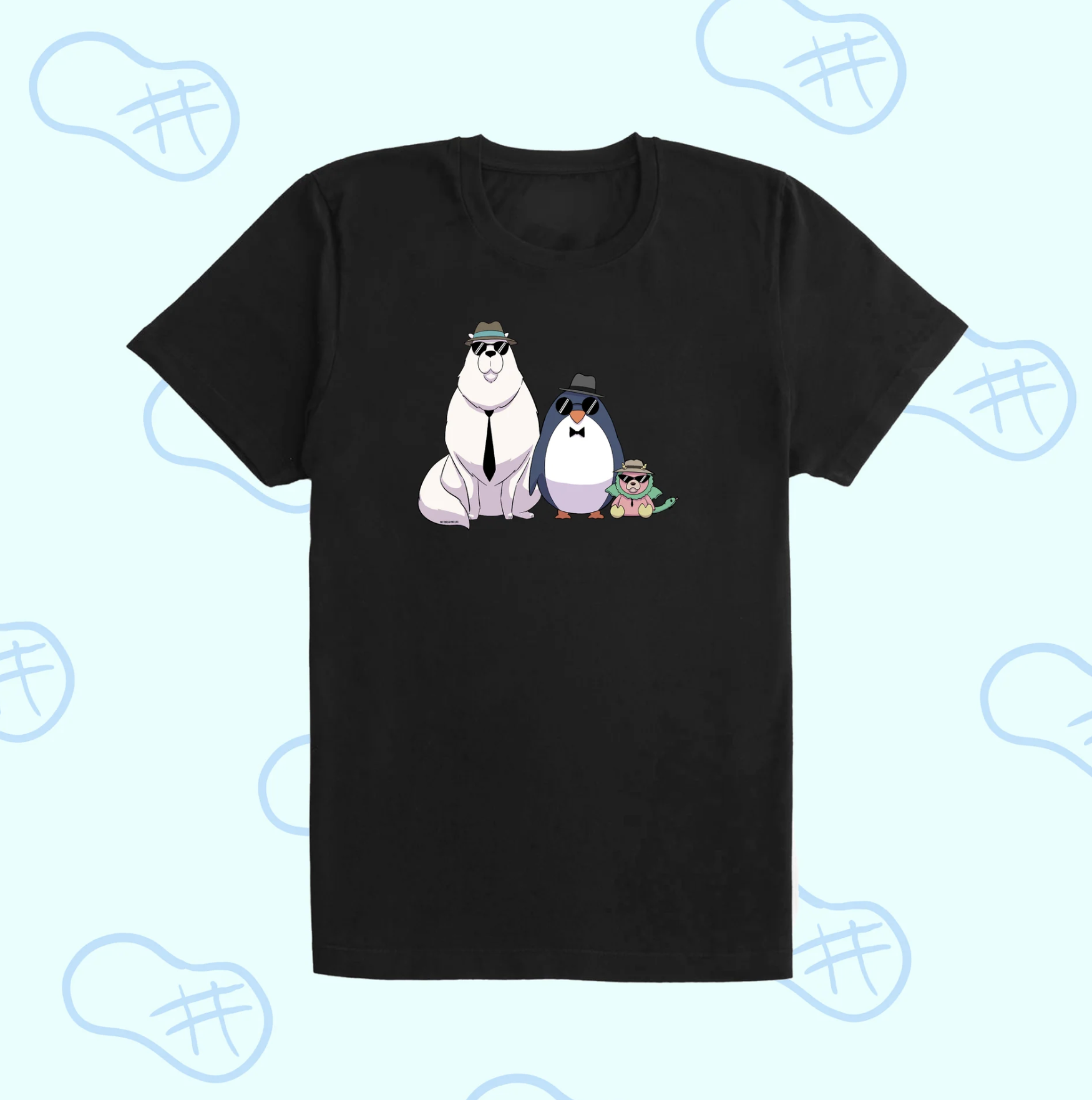Black T-shirt with a graphic of animated dog, penguin, and chimera characters in sunglasses