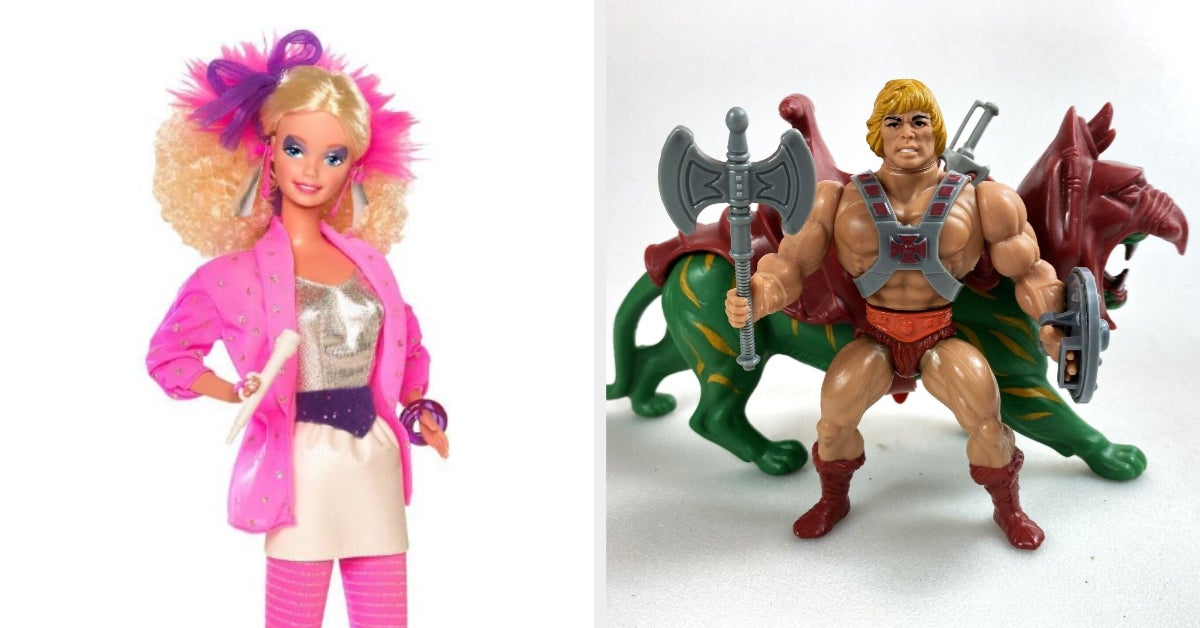 Toys from the ’80s: My Little Pony figure and Barbie doll dressed in a pink jacket outfit
