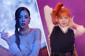 Two women from the music group BLACKPINK, Jennie and Lisa, pose in a music video scene. Jennie wears a white outfit and Lisa a black top with a vest
