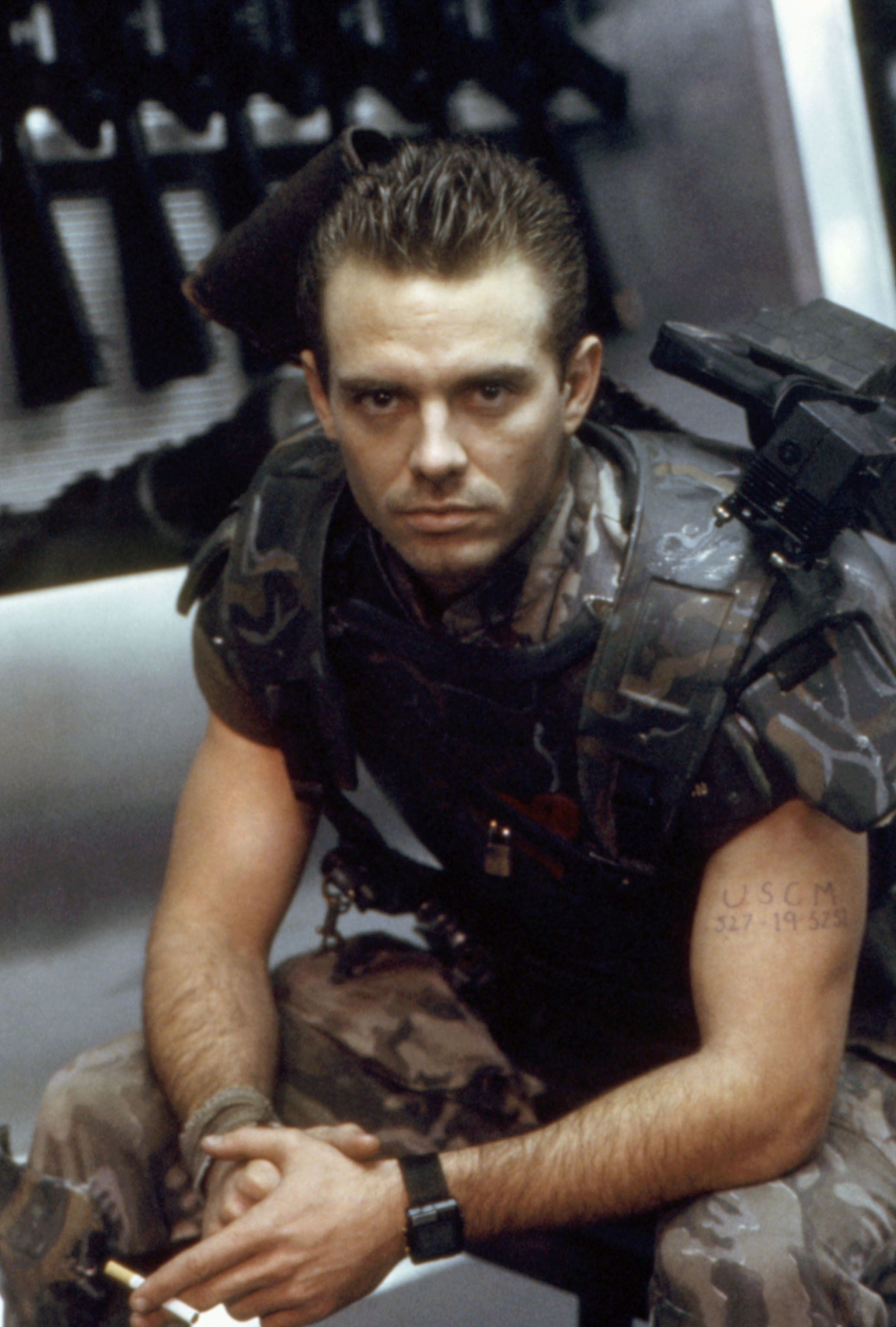 Character Corporal Hicks in military gear from the movie "Aliens."