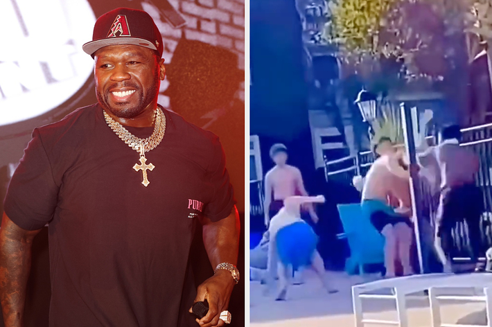 50 Cent wearing a branded t-shirt and cap, and a surveillance-style image of people outdoors