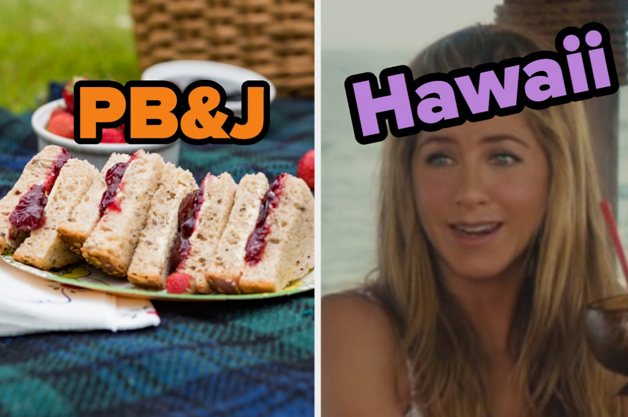 Two images side by side; left shows a plate of PB&J sandwiches, right features a woman smiling with the word "Hawaii" above