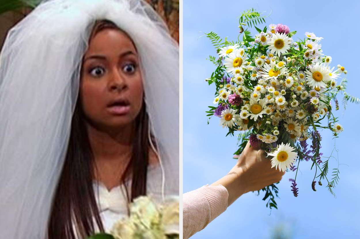 Raven from "That's So Raven" in bridal attire; someone holding a bouquet of wildflowers
