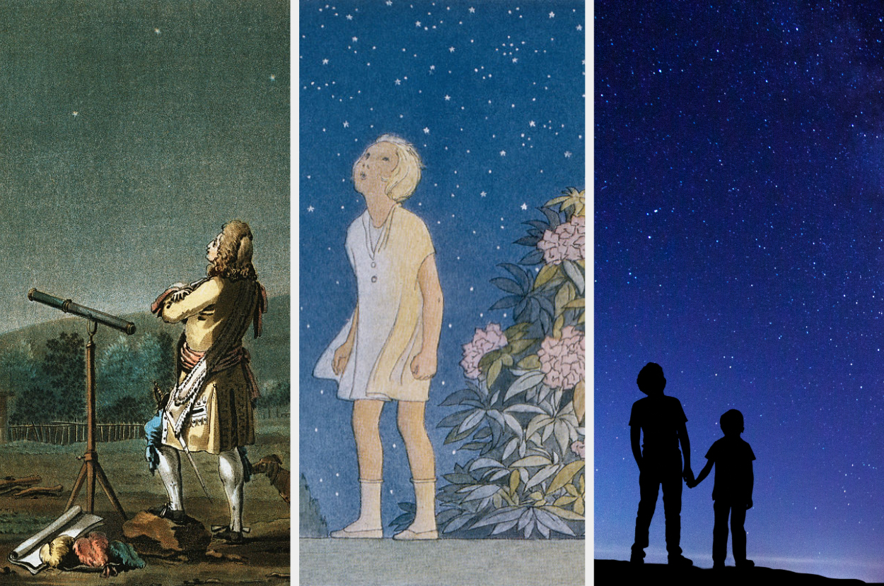Three panels depicting historical astronomy, illustration from The Little Prince, silhouette of two people stargazing