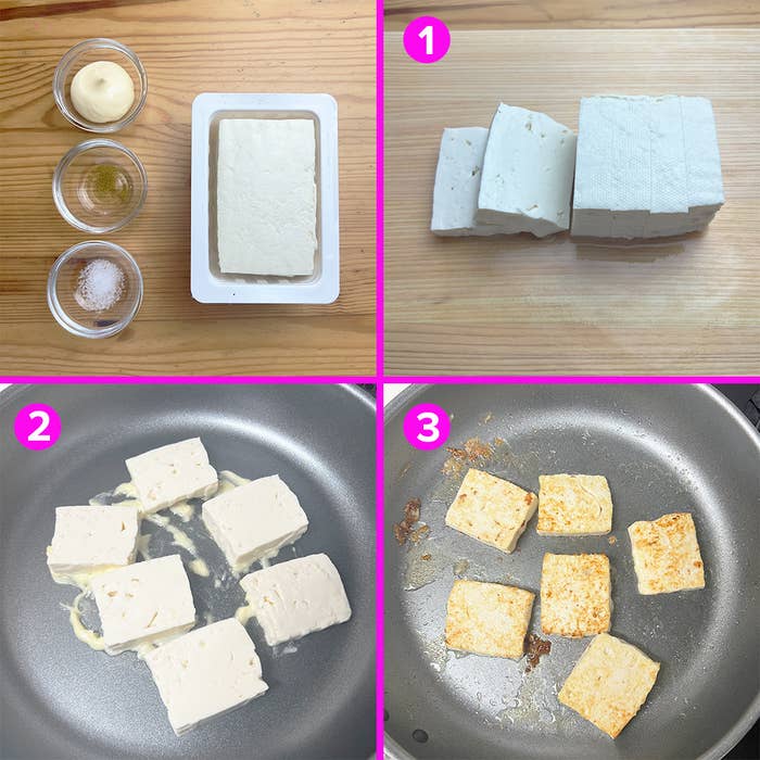 料理の進行を示す4枚の写真で、豆腐が準備され、フライパンで焼かれている。