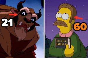 Animated characters Beast and Ned Flanders with numbers 21 and 60 pointing at them, suggesting their ages