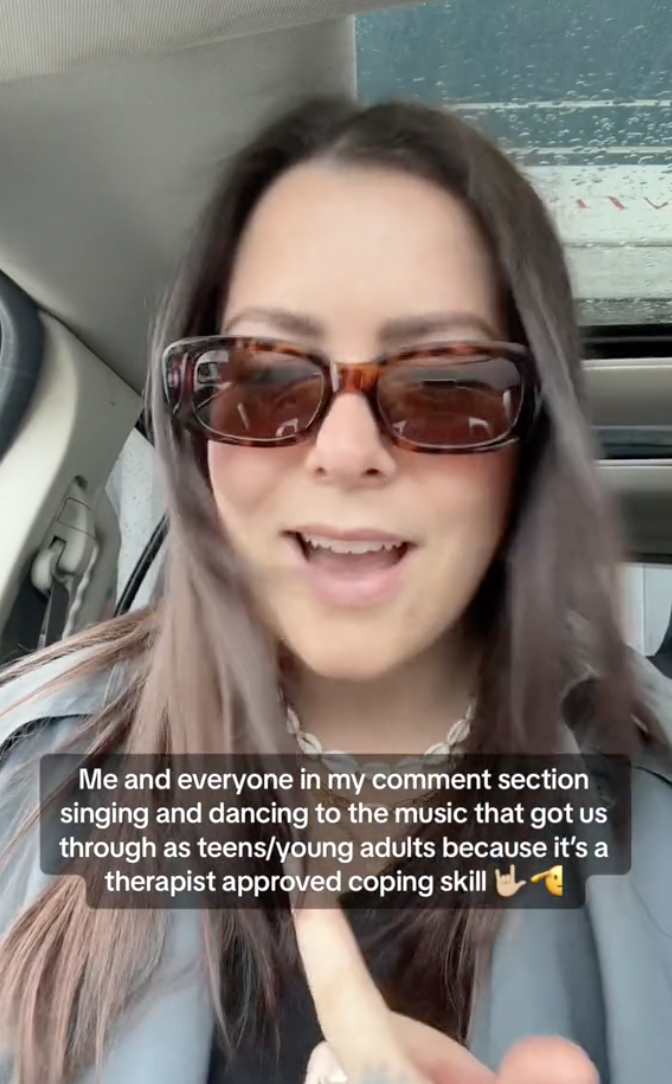 Nikki in her car with sunglasses, with caption about how music from teen years is used as a coping skill
