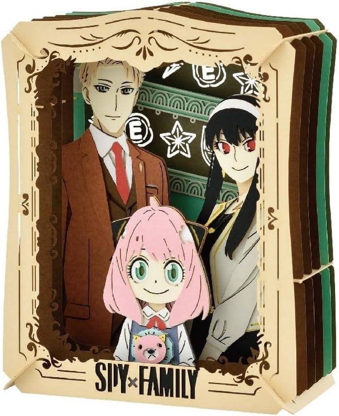 Illustration of &quot;SPY x FAMILY&quot; characters: Loid, Yor, and Anya Forger with toy