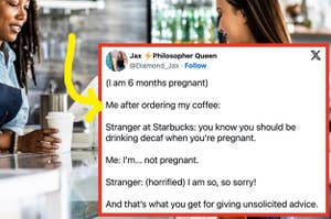 A woman is shown at a coffee shop counter with a tweet overlay about a mistaken pregnancy assumption