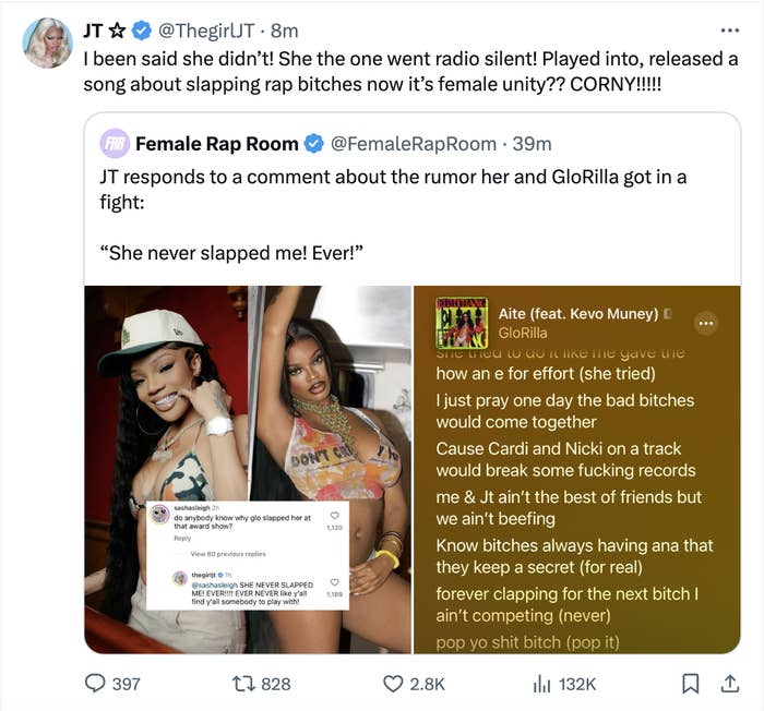 Female rappers JT and Remy Ma pose together; JT reacts to rumors, denying an altercation with Remy Ma
