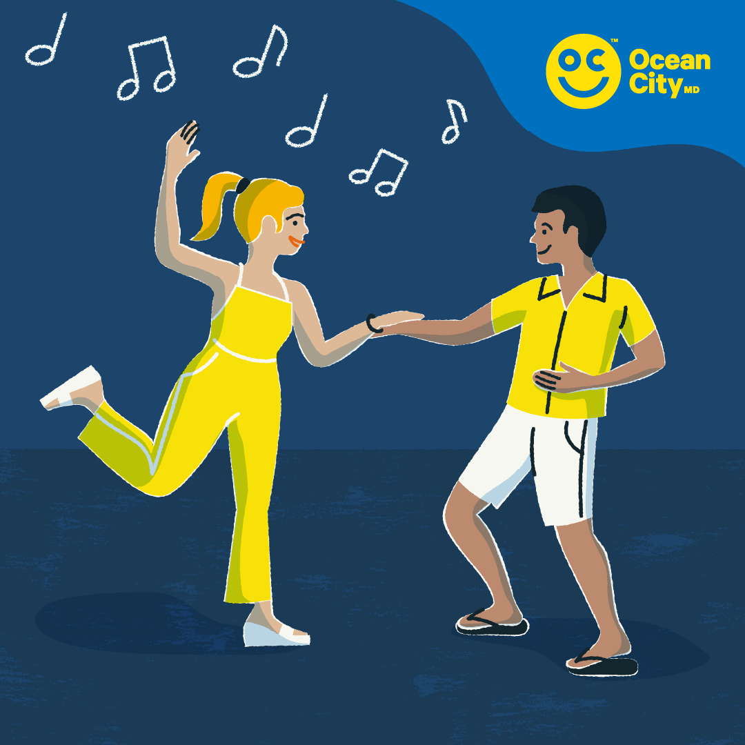 Two animated characters dance to music with the Ocean City logo in the corner