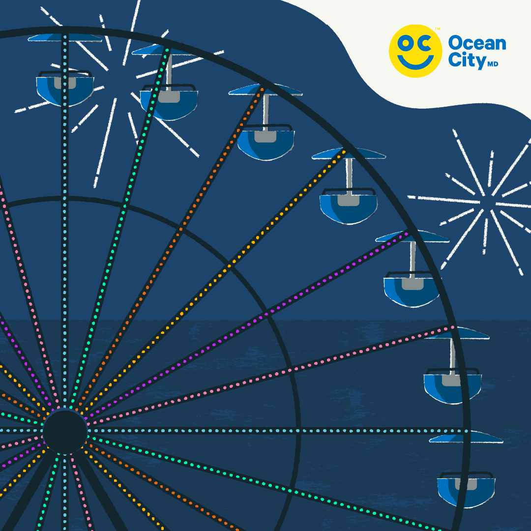 Illustration of a Ferris wheel at night with fireworks and Ocean City, MD logo