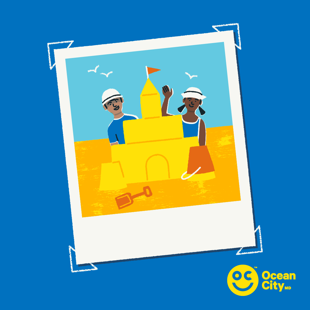 Illustration of two children building a sandcastle on a beach with &#x27;Ocean City&#x27; logo below