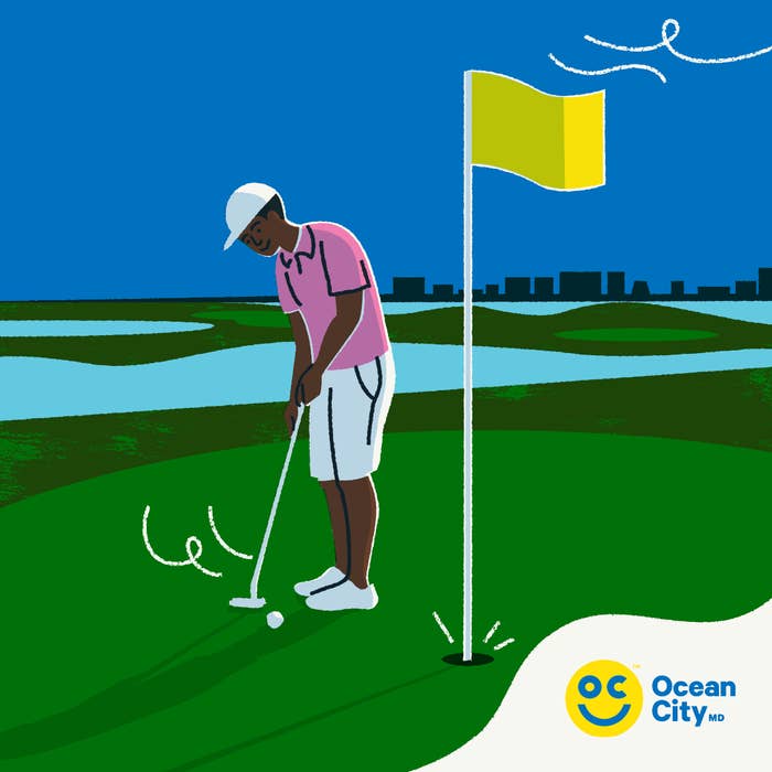 Illustration of a golfer putting on a green near a flagpole with Ocean City, MD logo