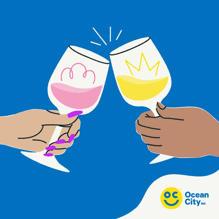 Two cartoon hands toasting with wine glasses, one with a wave, the other with a crown. Ocean City MD logo visible