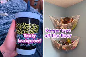 A hand holding a leakproof Contigo cup/wall-mounted toy hammock filled with stuffed animals labeled "Keeps toys off the floor."