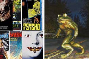 On the left is a collage of different horror movie posters. On the right is an image of the Loveland Frog; a giant man like frog walking down an empty street.