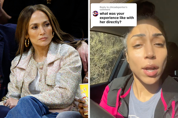 Jennifer Lopez in a sparkling jacket at an event, woman in a car recording a video. Both appear concerned or serious