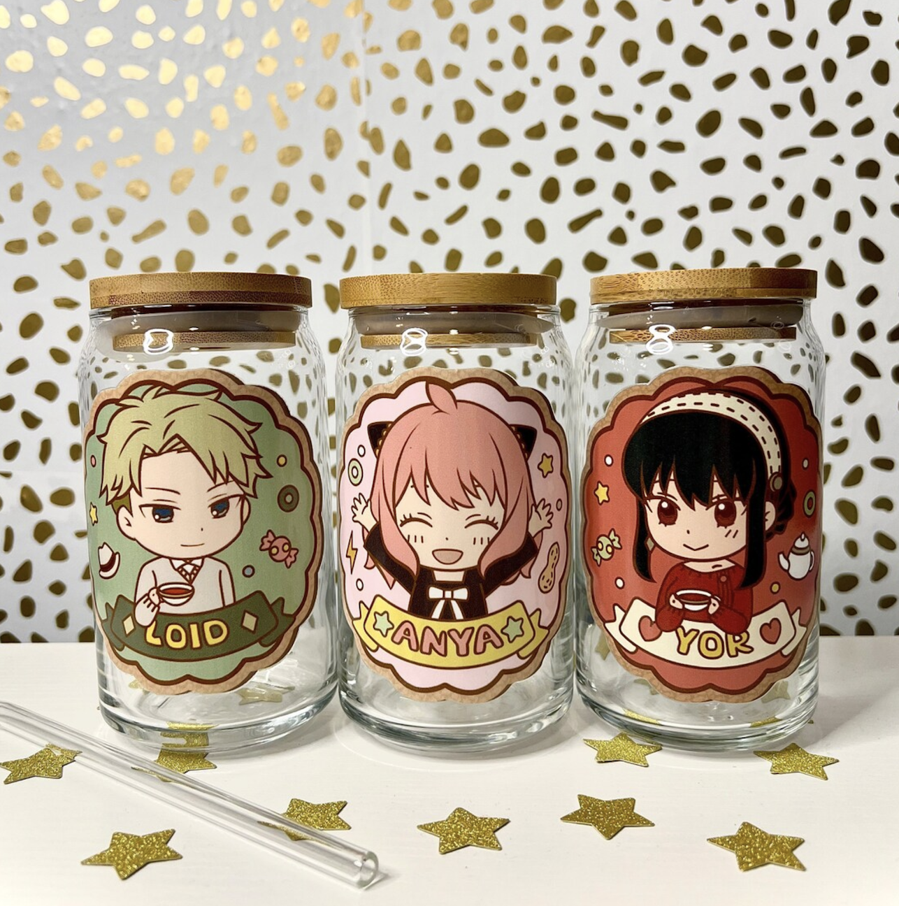 Three illustrated character jars labeled Loid, Anya, and Yor from anime &quot;Spy x Family&quot;