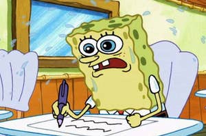 Spongebob sits at a desk taking a test, he is nervous and sweating.