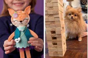 Child holding a fox plush toy; Pomeranian dog sitting beside a Jenga tower