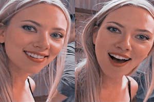 Split image of Scarlett Johansson with a headband smiling in one half and laughing in the other, expressing joy